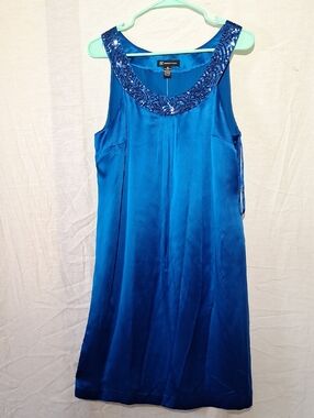 Blue Silk Beaded Scoop Neck Sleeveless Shift Style Midi Dress, Sz 12, NWT
